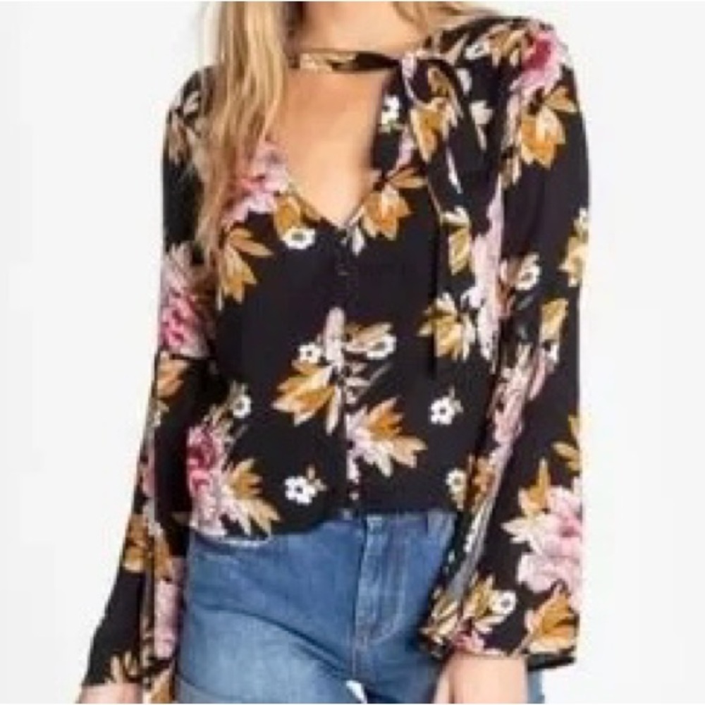 Billabong Floral Bell Sleeve Slits Necktie Blouse Size Small